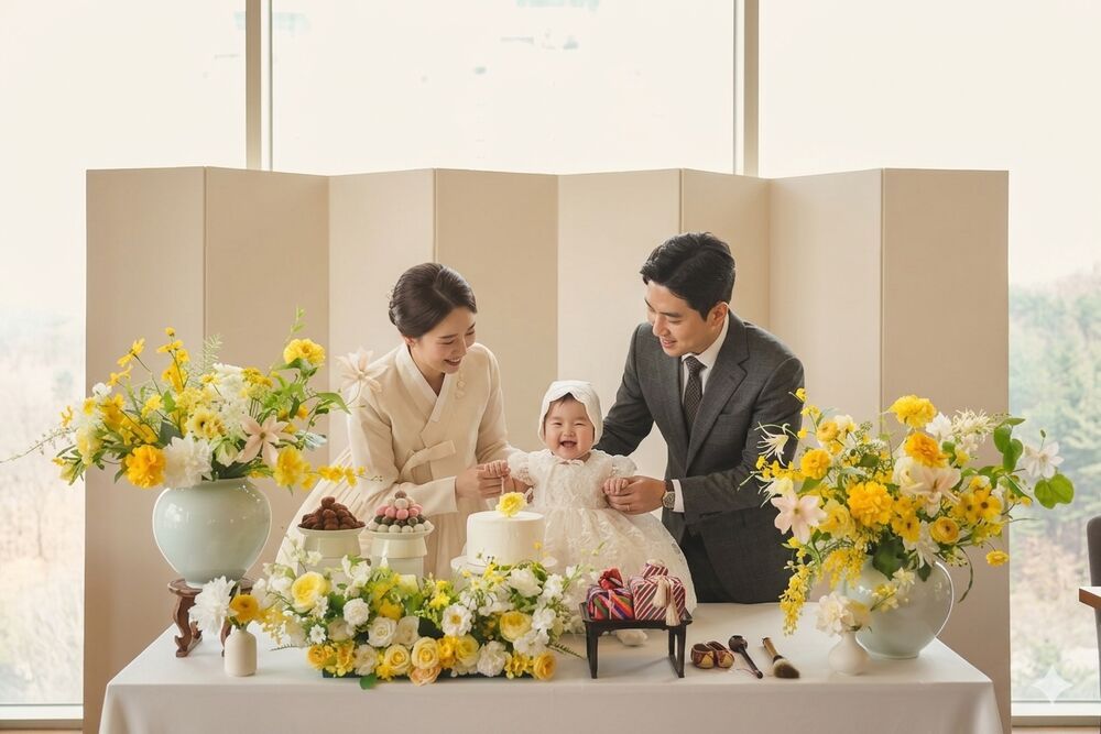 돌잔치 출장상차림 현장 - 노란 생화 장식 앞에서 케이크 커팅하는 돌잔치 가족