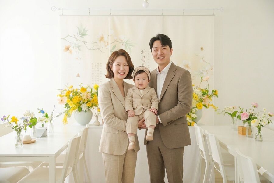 돌잔치 출장상차림 현장 - 가족이 함께한 돌잔치 기념 촬영